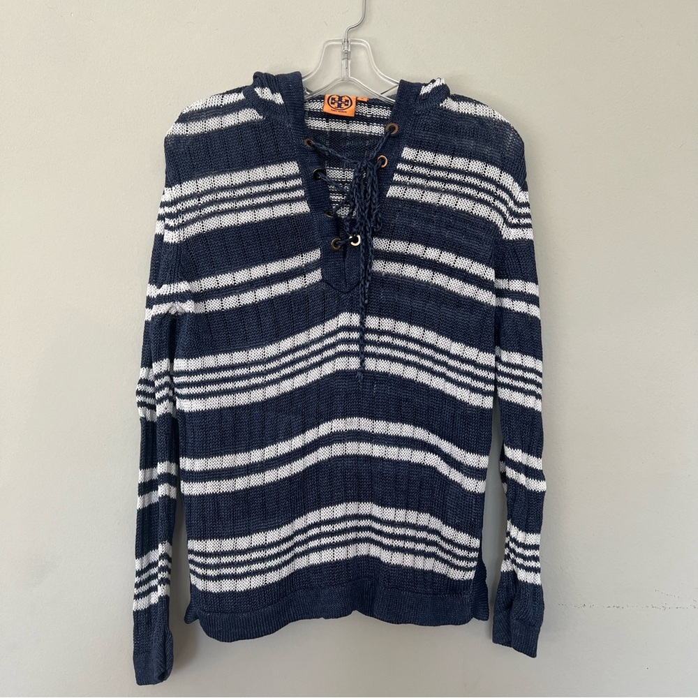 Tory Burch Stripe Linen Pullover Hooded Sweatshirt